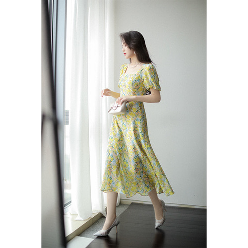 아름다움 노란 식물 꽃 인쇄 높은 도전적인 슬림 거품 슬리브 드레스